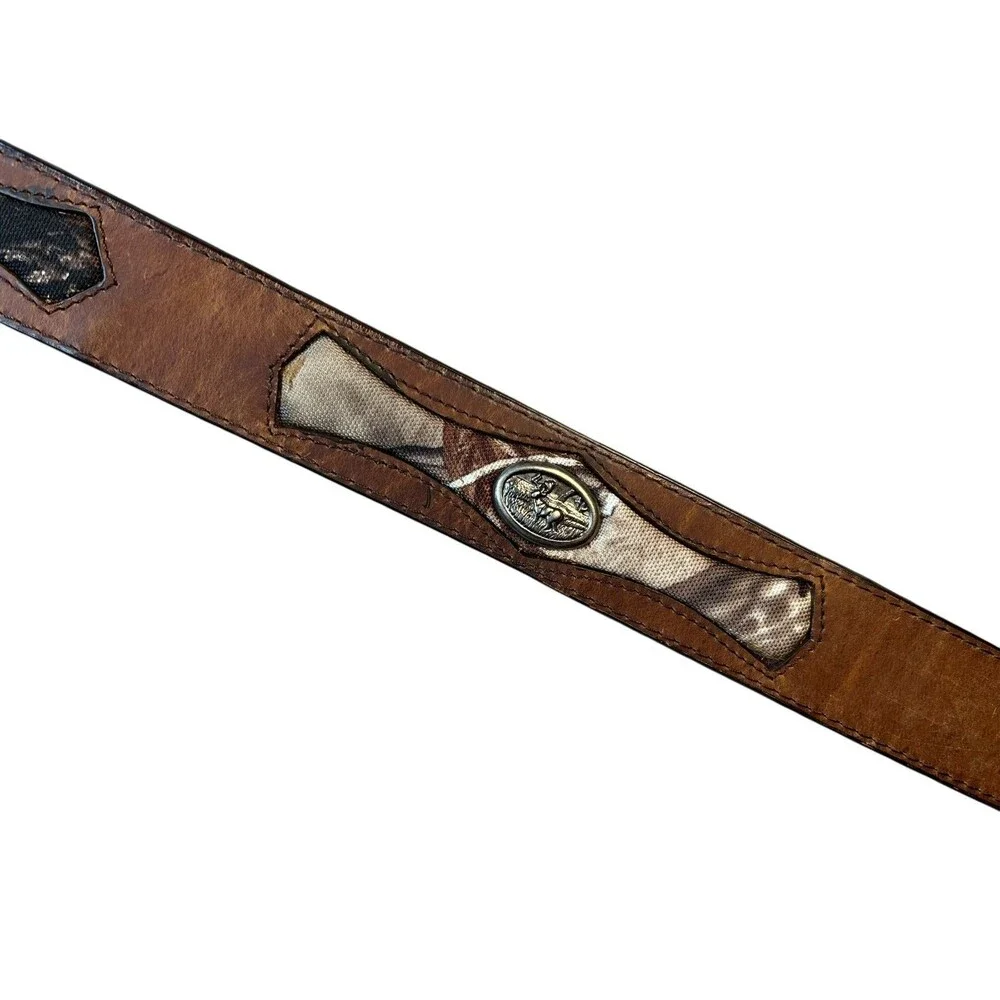 Men's Brown Leather Belt with Camo Inserts Deer Hunter Elk Casual   Waist 33-37